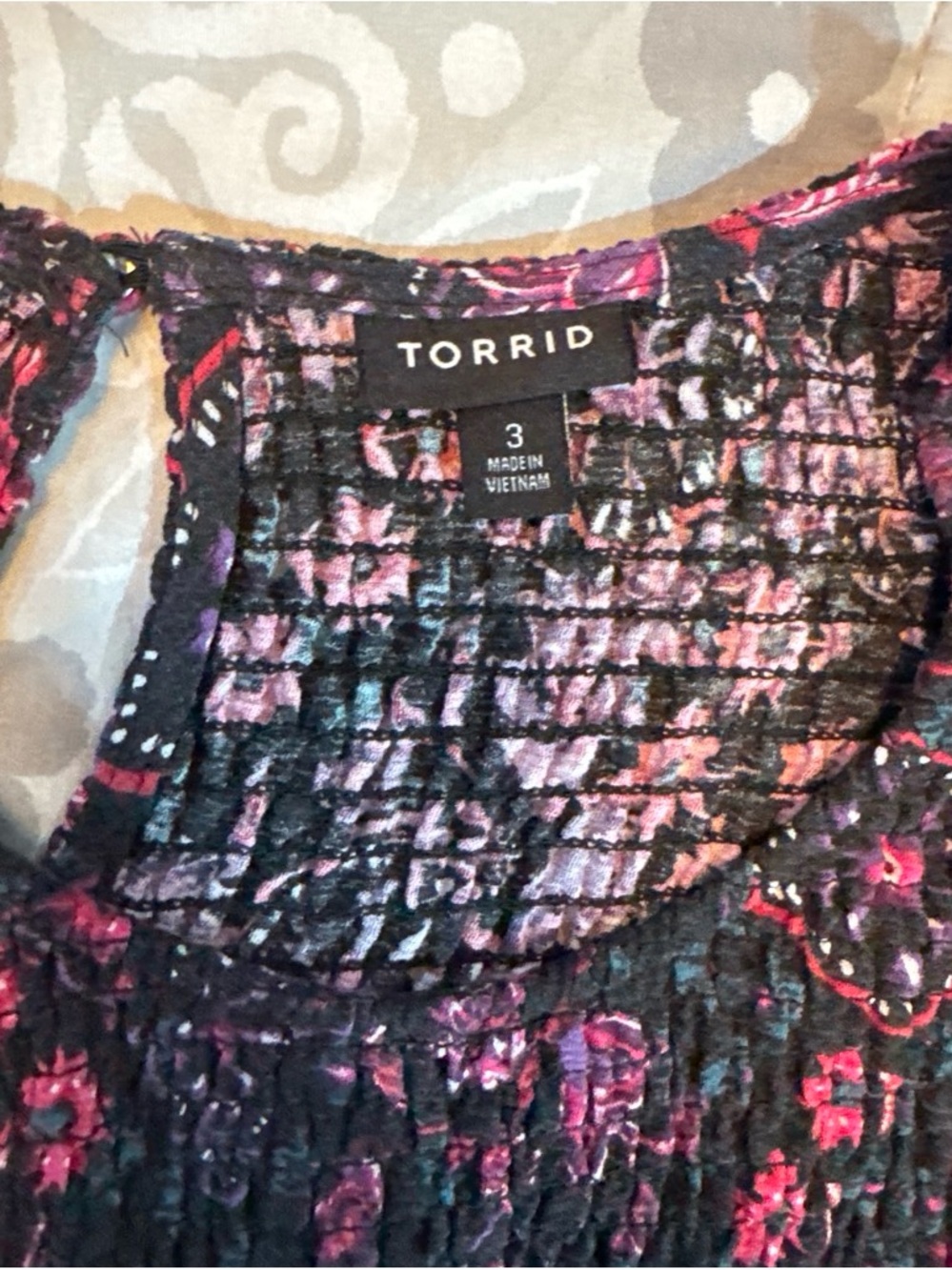 Torrid Black Floral Smocked Peasant Top with Magenta Accents - Picture 2 of 3